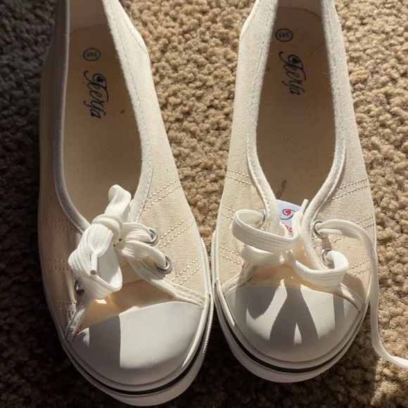 teerfa Shoes - Cream Canvas Flats Versatile Loafers